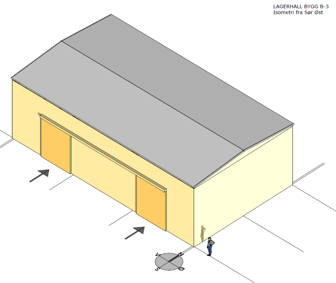 Isometrisk tegning av lagerhall